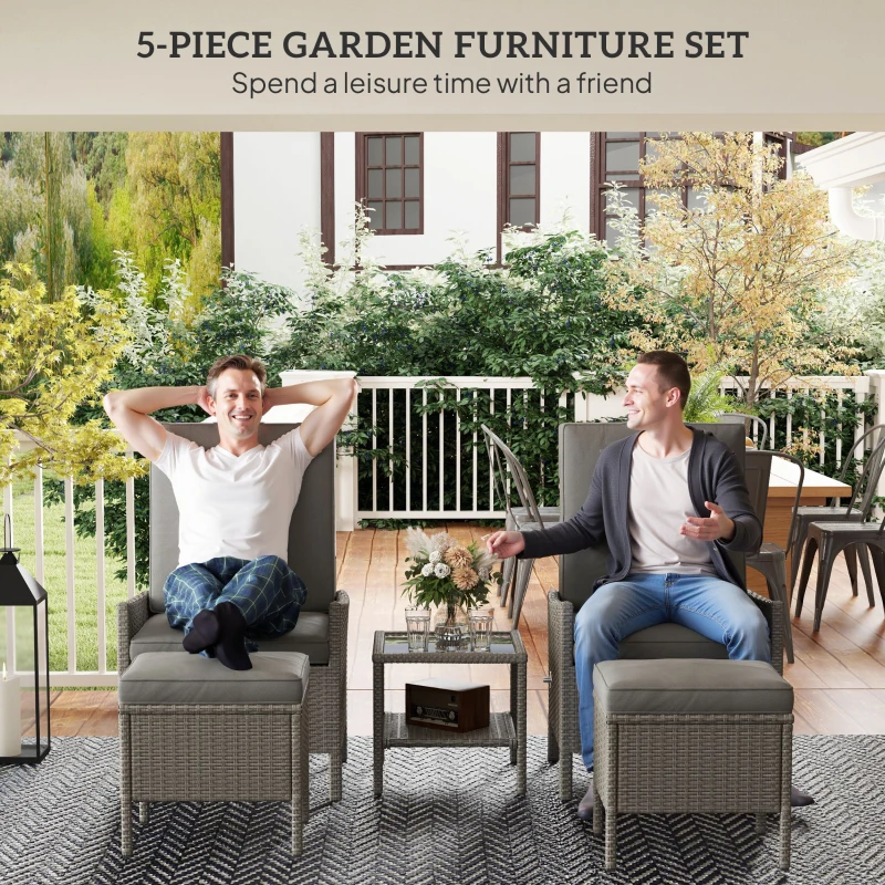 Outsunny 5 Piece Rattan Garden Furniture Set, Wicker Patio Sofa Set with 2 Armchairs, 2 Footstools, Glass Top Coffee Table with Shelf, Outdoor Furniture with Adjustable Backrests, Cushions, Dark Grey