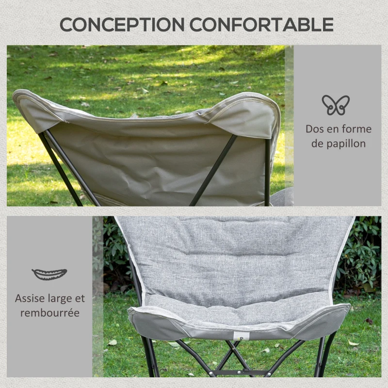 Outsunny Chaise de camping chaise de plage pliable assise large et rembourrée pliante pour pêche 88 x 74 x 84 cm gris clair