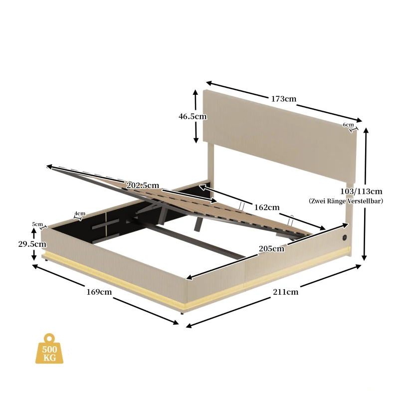 Lit double 160x200cm, avec espace de rangement et cadre de nouilles plat, tête de lit réglable en hauteur, sans matelas, Beige