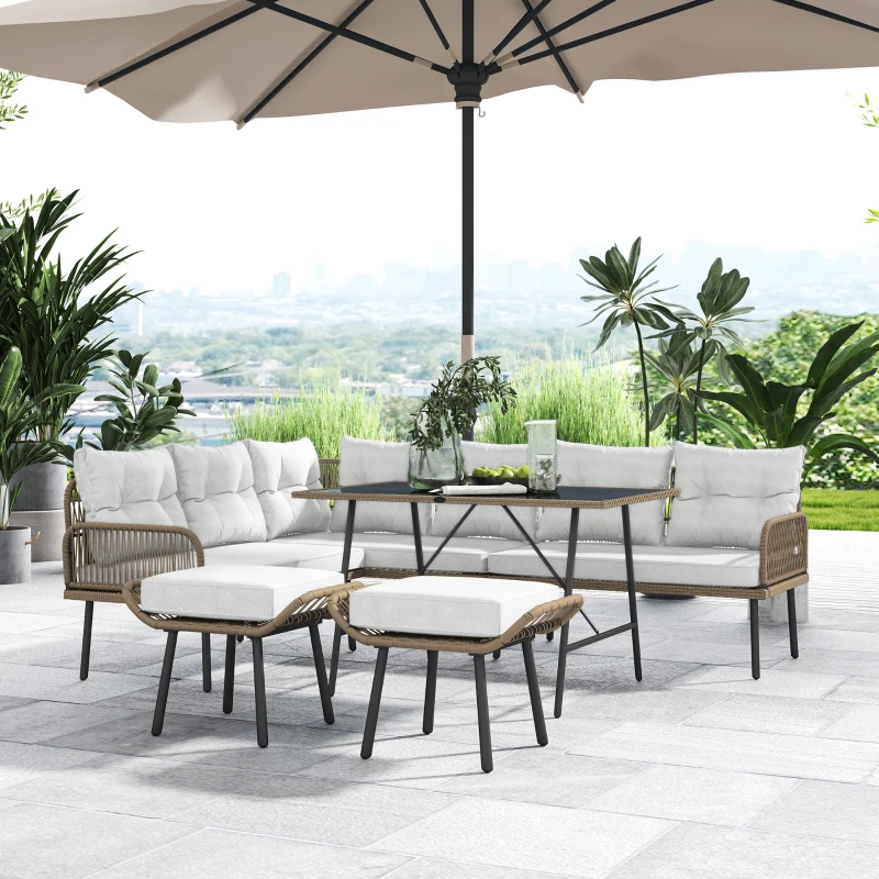 Outsunny 6 Piece Rattan Garden Furniture Set, 8 Seater Garden Corner Sofa with Cushions and Glass Top Table, Sectional Outdoor Furniture Conservatory Set for Patio, Cream White