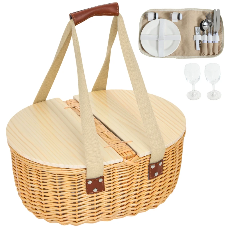 Outsunny Wicker Picnic Basket for 2 with Pine Wood Lid, Picnic Hamper with Cooler Compartment, Cutlery Service Kits, Carry Handle for Camping, Outdoor, Valentine Day, Chirtmas, Birthday, Light Brown