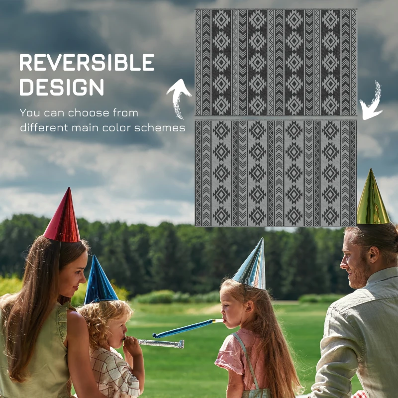 Outsunny dywan zewnętrzny, wodoodporny, dwustronny design, wysokiej jakości włókno plastikowe, czarny+szary, 182 x 274cm