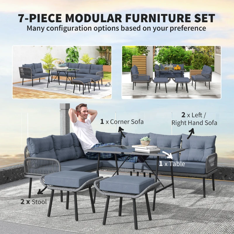 Outsunny 6 Piece Rattan Garden Furniture Set, 8 Seater Garden Corner Sofa with Cushions and Glass Top Table, Sectional Outdoor Furniture Conservatory Set for Patio, Charcoal Grey