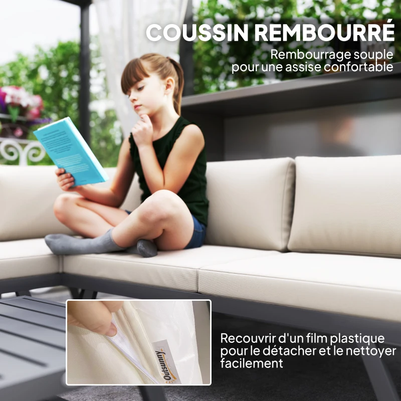 Outsunny Ensemble salon de jardin d'angle et convertible 4 pièces avec 2 banquettes, 1 fauteuil d'angle et 1 table basse