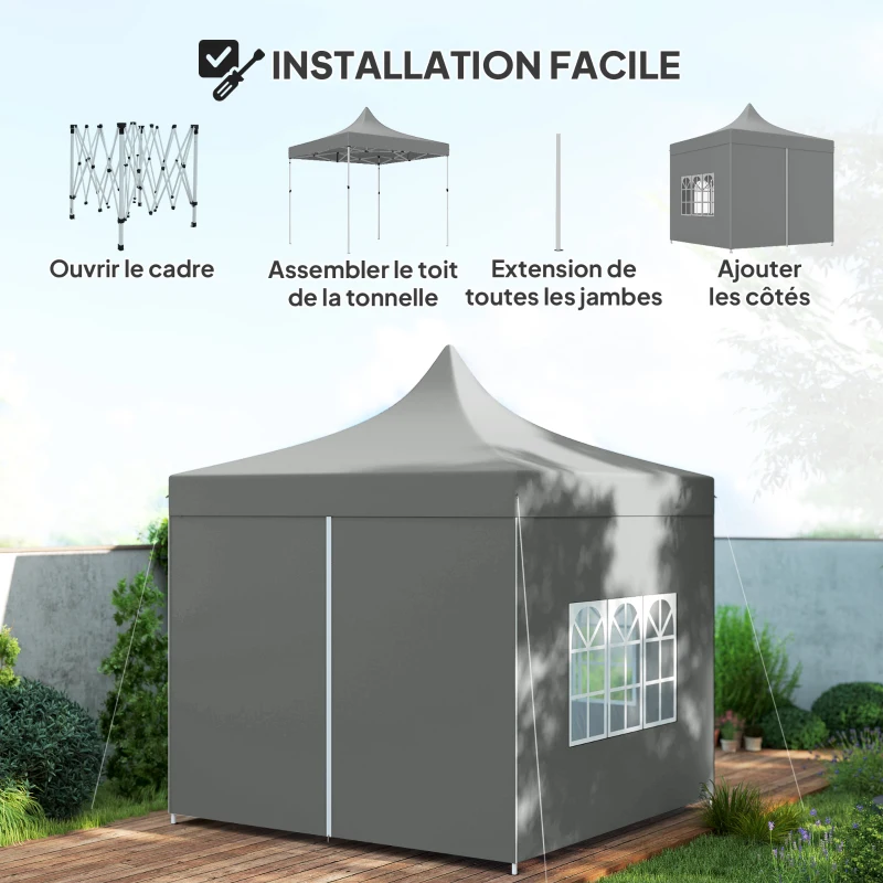 Outsunny Tonnelle de jardin tente pliante 3 x 3 m 4 parois latérales amovibles 3 fenêtres hauteur réglable sac de transport gris