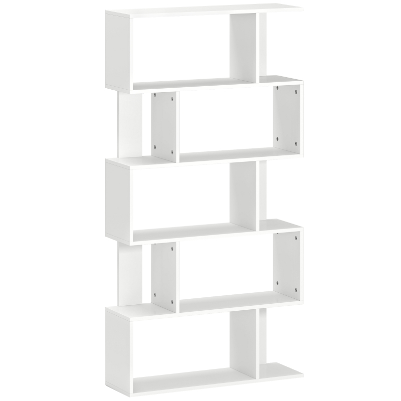 HOMCOM Bibliotecă Asimetrică în Formă de S cu 5 Niveluri și 10 Rafturi Deschise, 80x24x159 cm, Alb