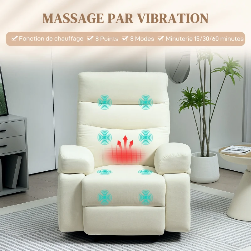HOMCOM Fauteuil de massage fauteuil relax électrique avec fonction inclinable vibration chauffage, télécommande inclus, crème