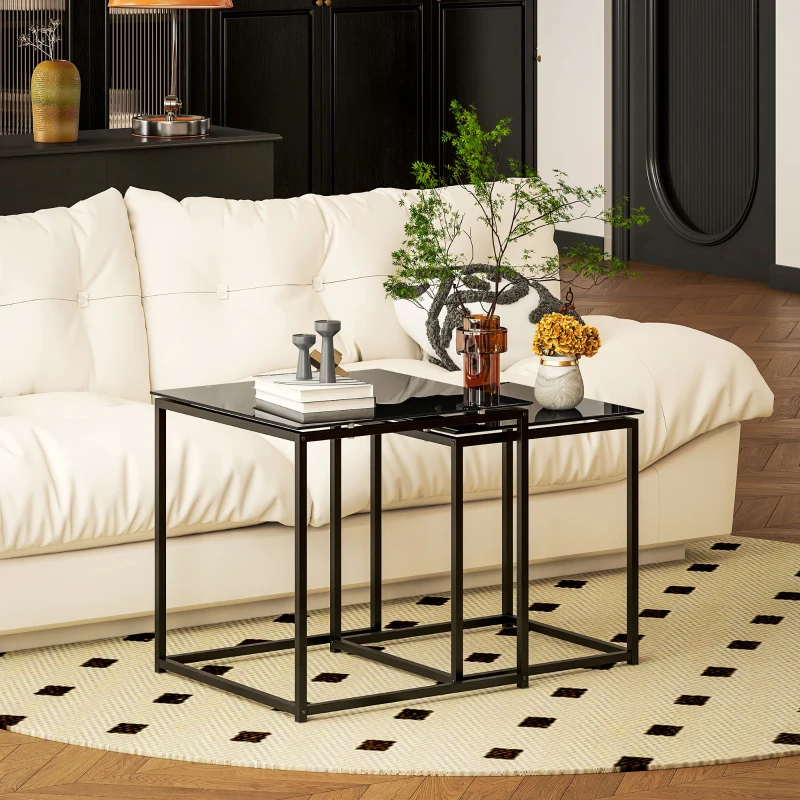 HOMCOM 2er-Set Beistelltische, modernes Design, stapelbar, Glastisch, Schwarz