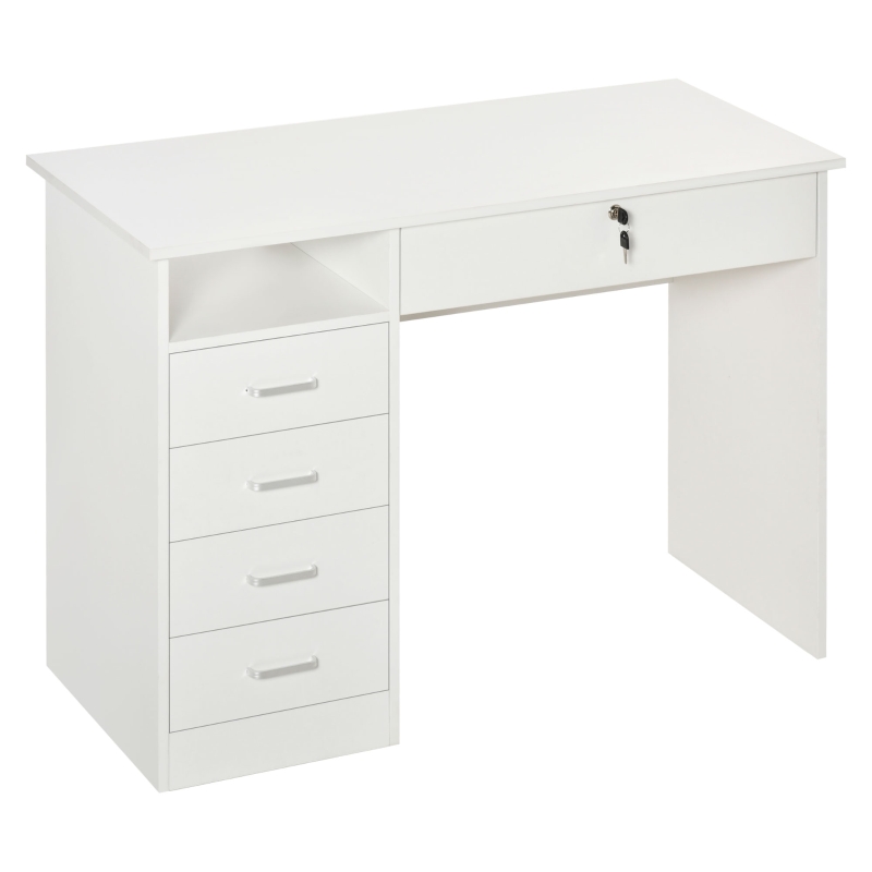 HOMCOM Masa de Birou din Lemn cu 5 Sertare, 110x50x76cm - Alb(m-13)
