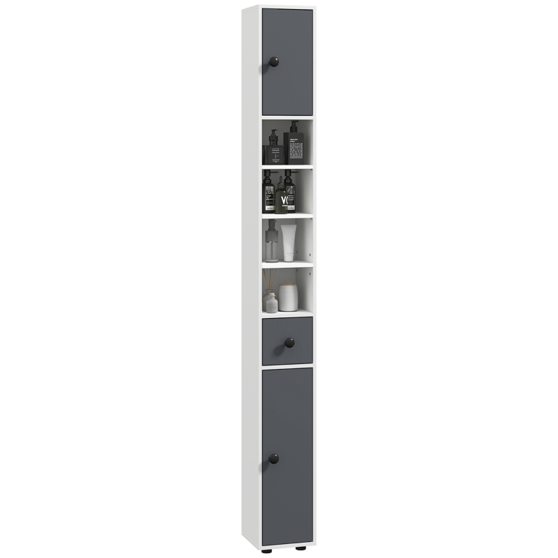 kleankin Columna de Baño con 1 Cajón 5 Estantes y 2 Puertas para Salón Dormitorio Carga 30 kg 20x20x180 cm Gris