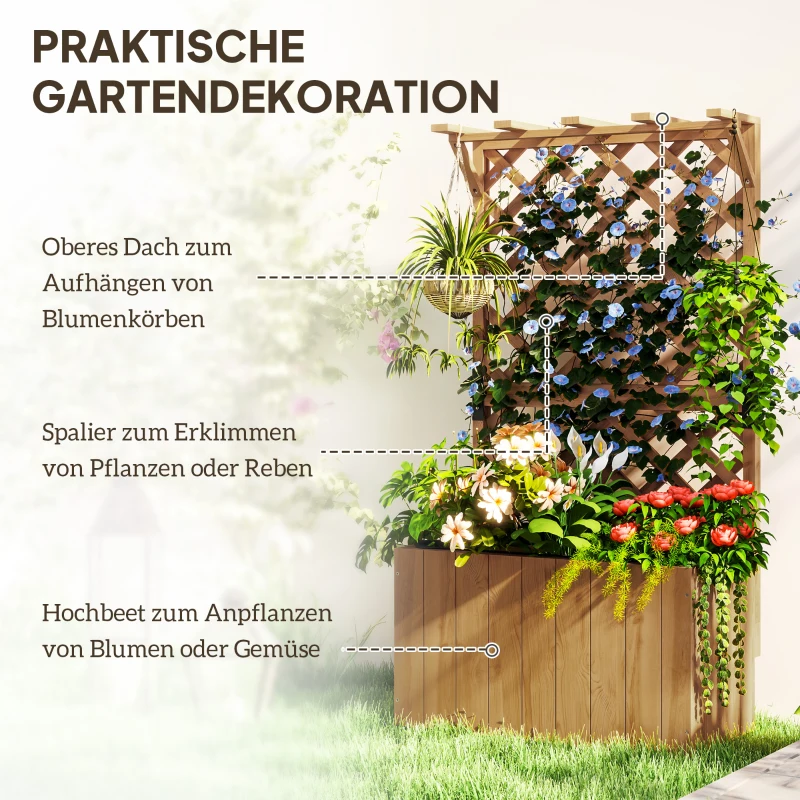 Outsunny Hochbeet Pflanzkasten mit Rankgitter, Spalier Pflanzkübel Blumenkasten Holz, Gartenspalier 64 x 33 x 122cm Naturholz(m-4)