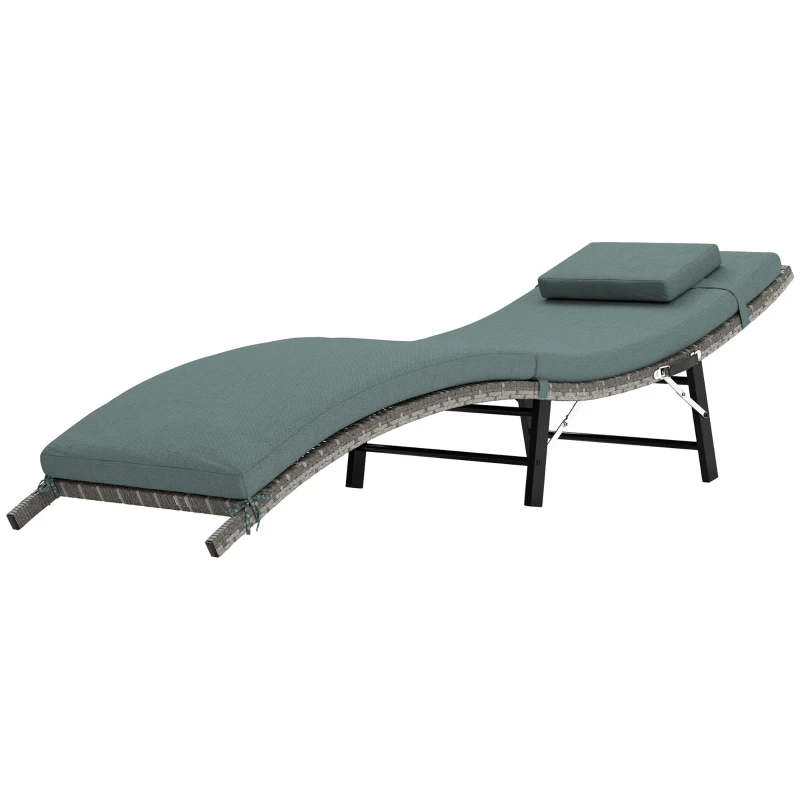 Outsunny Rattan Folding Sun Lounger Outdoor Chair with Cushion and Pillow Mixed Grey