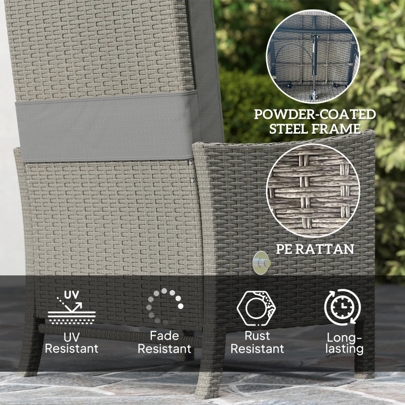 Outsunny 5 Piece Rattan Garden Furniture Set, Wicker Patio Sofa Set with 2 Armchairs, 2 Footstools, Glass Top Coffee Table with Shelf, Outdoor Furniture with Adjustable Backrests, Cushions, Dark Grey