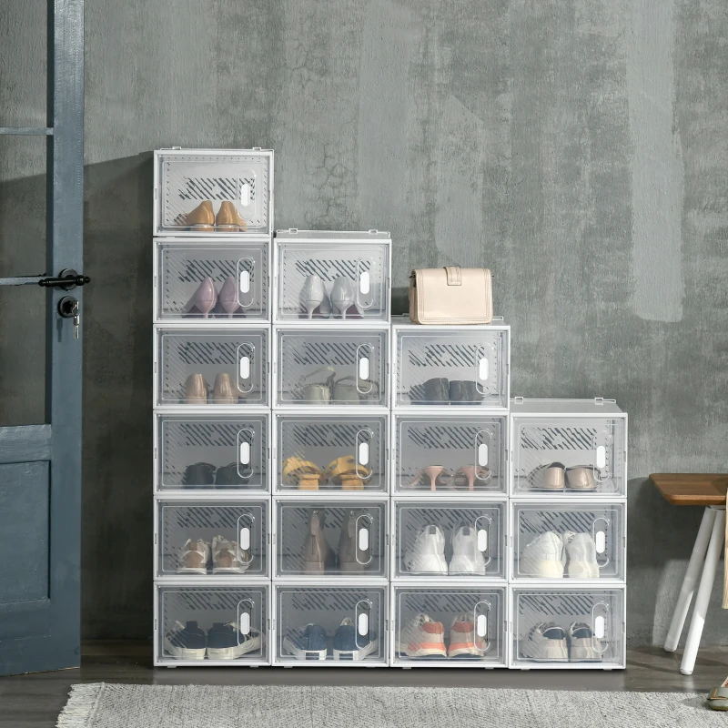HOMCOM Meuble de rangement modulable, 18 cubes, meuble à chaussures empilables, vêtements, livres, jouets, blanc et transparent