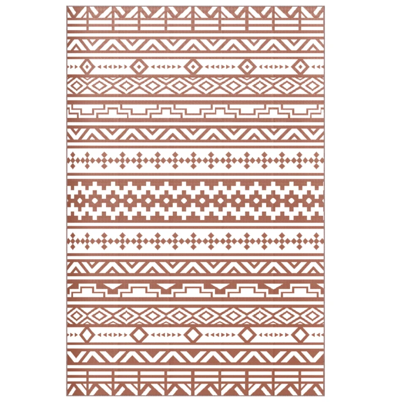 Outsunny Tapis d'extérieur réversible 1,8 x 2,7 m, tapis de sol au motif mur géométrique en PP sac de transport rouge et blanc