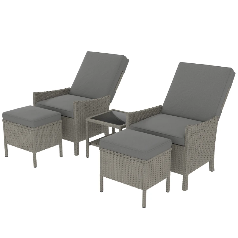 Outsunny 5 Piece Rattan Garden Furniture Set, Wicker Patio Sofa Set with 2 Armchairs, 2 Footstools, Glass Top Coffee Table with Shelf, Outdoor Furniture with Adjustable Backrests, Cushions, Dark Grey