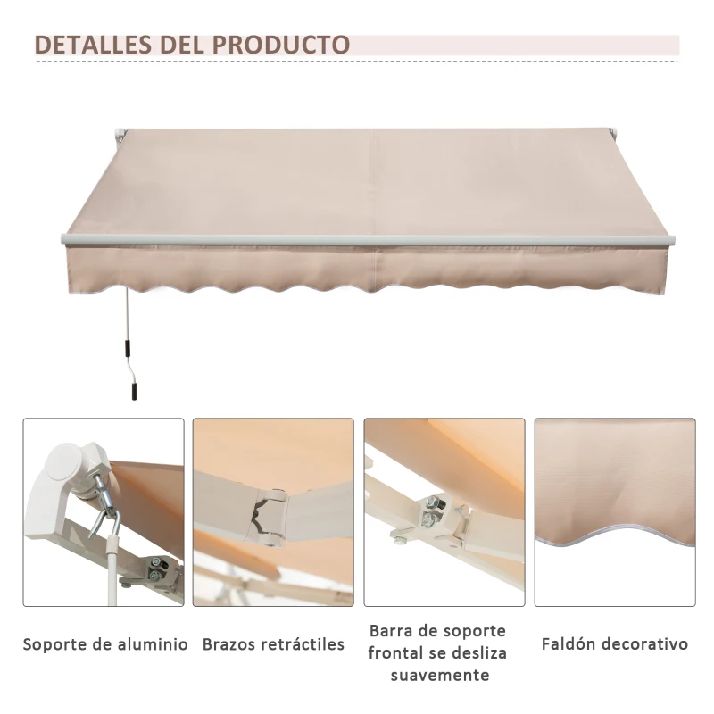 Outsunny Toldo Manual Retráctil 295x200 cm con Manivela de Metal Impermeable y Anti-UV para Jardín Terraza Beige
