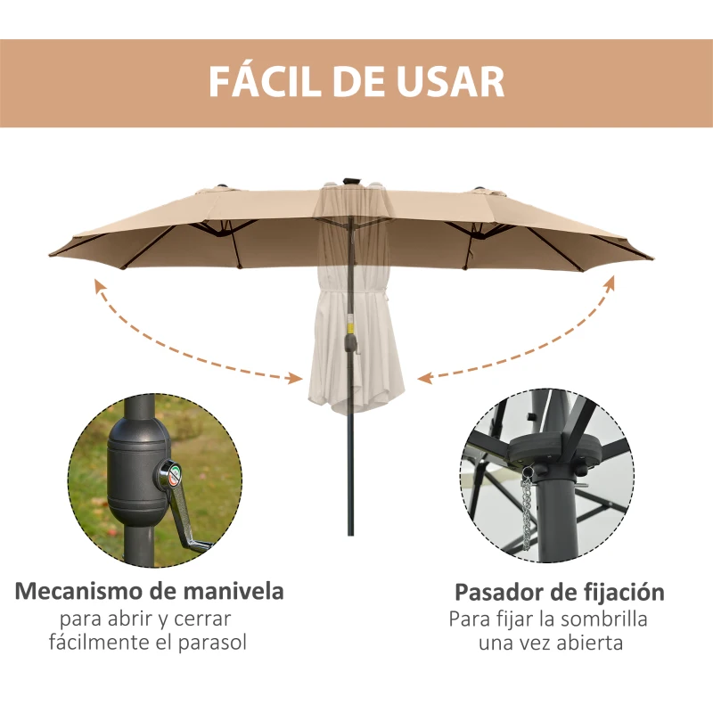Outsunny Sombrilla Doble 450x265x240 cm con 48 Luces LED Manivela Protección Solar para Terraza Balcón Piscina Caqui