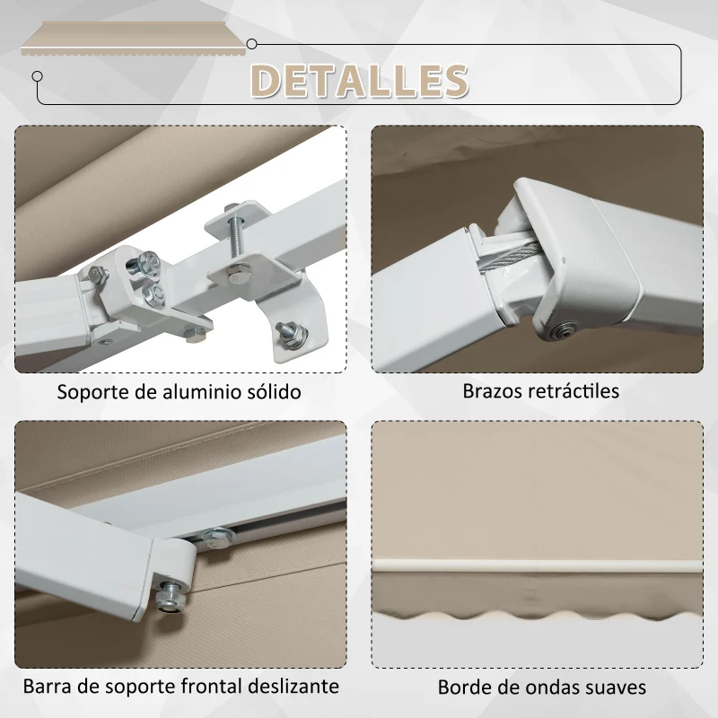 Outsunny Toldo Manual 395x245 cm con Manivela Toldo Balcón Patio Terraza de Aluminio y Tejido Poliéster 280 g/m² Anti-UV Beige