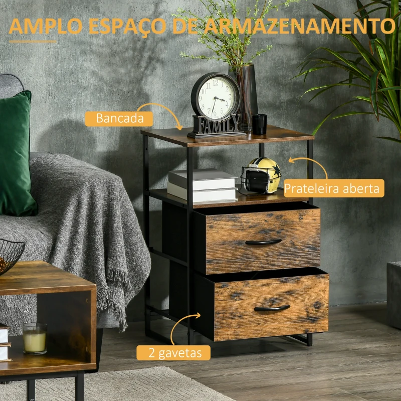 HOMCOM Mesa Auxiliar com 2 Gavetas Dobráveis Prateleira Aberta e Estrutura de Aço Mesa de Cabeceira 45x40x70,5 cm Castanho Rústico