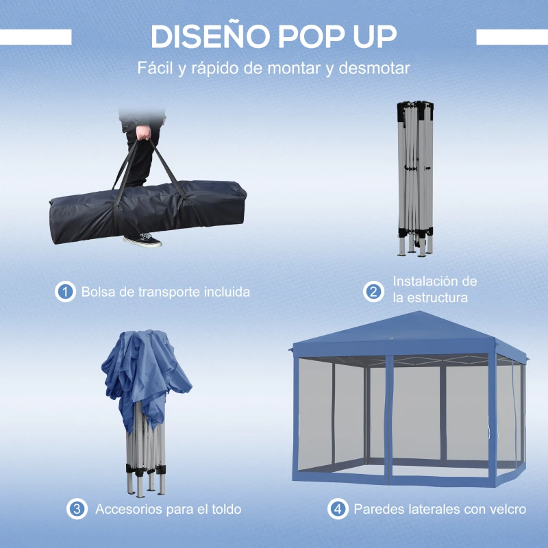 Outsunny Carpa Plegable 3x3 m con 4 Paredes Laterales de Malla 8 Orificios de Drenaje Impermeable y Bolsa de Transporte Azul
