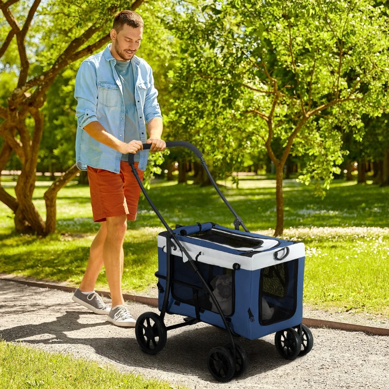 PawHut Cochecito para Perros Plegable con Vagón Desmontable 4 Puertas con Cremallera 2 Correas de Seguridad y Cojín Azul