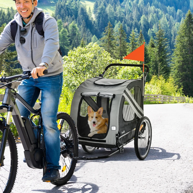 PawHut Remolque de Bicicleta para Perros 2 en 1 con Puertas Enrollables Cinturón de Seguridad Carga 30 kg 140x72,5x108 cm Gris