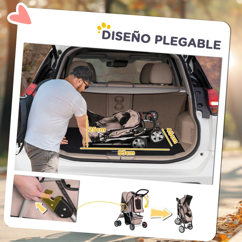 PawHut Carrito para Perros Pequeños con Toldo Ajustable Cesta de Almacenaje Portavasos y 2 Ruedas Universales 75x45x97 cm Café