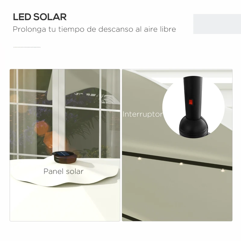 Outsunny Sombrilla de Jardín Manual Ø292x248 cm con 32 Luces LED Solares 8 Varillas Impermeable y Rejillas de Ventilación Crema