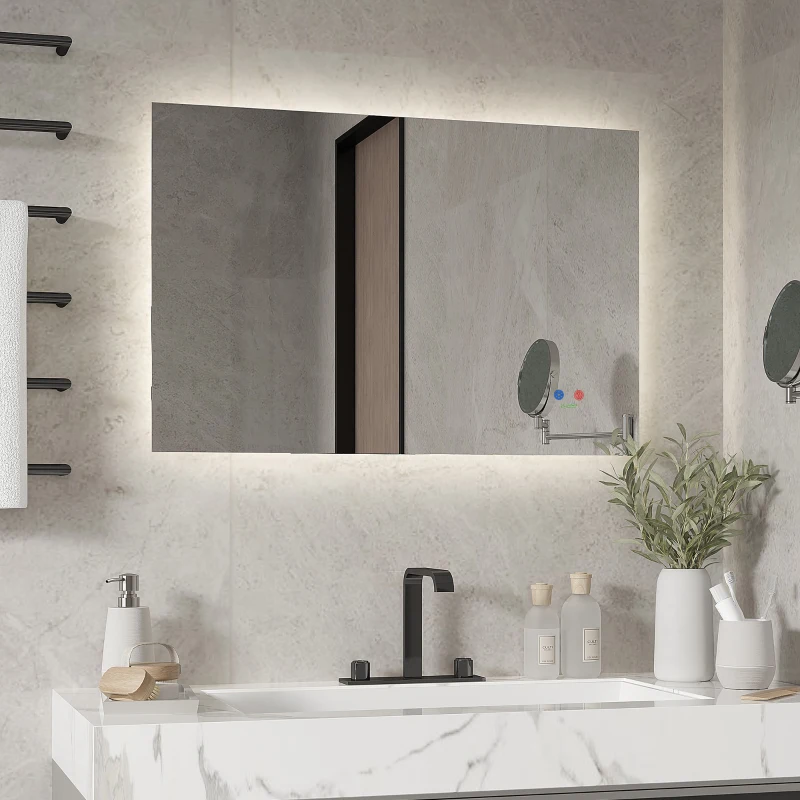 kleankin Espelho de Casa de Banho com Luz LED Anti-Embaciamento Interruptor Tátil 3 Luzes Ajustáveis e Função de Memória 90x60cm Prata