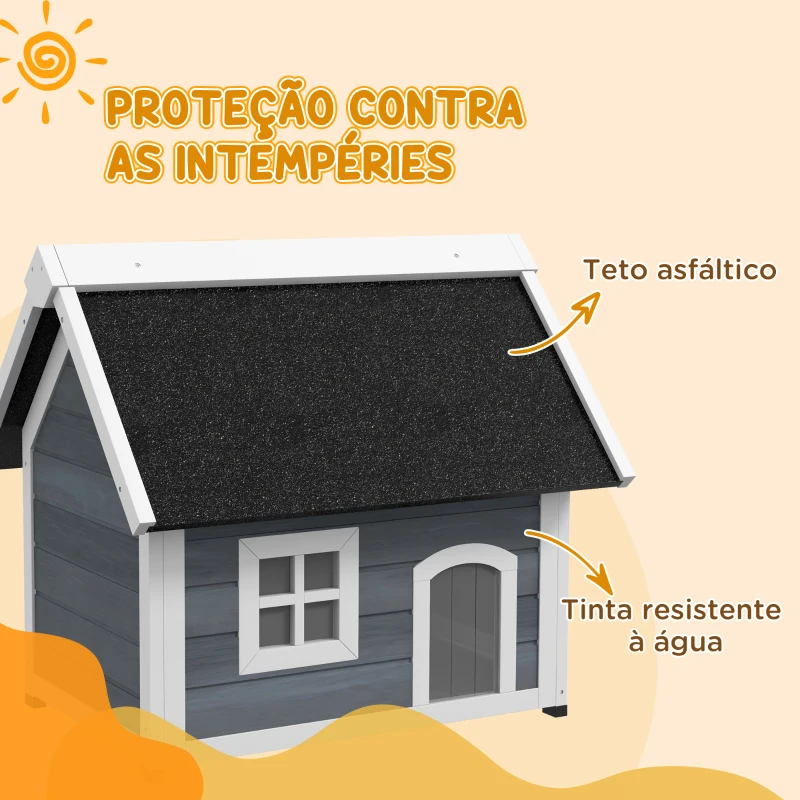 PawHut Casa para Gatos de Madeira com Telhado Asfáltico Rebatível Janela e Portas com Cortina 77x57,5x68 cm Cinzento e Preto