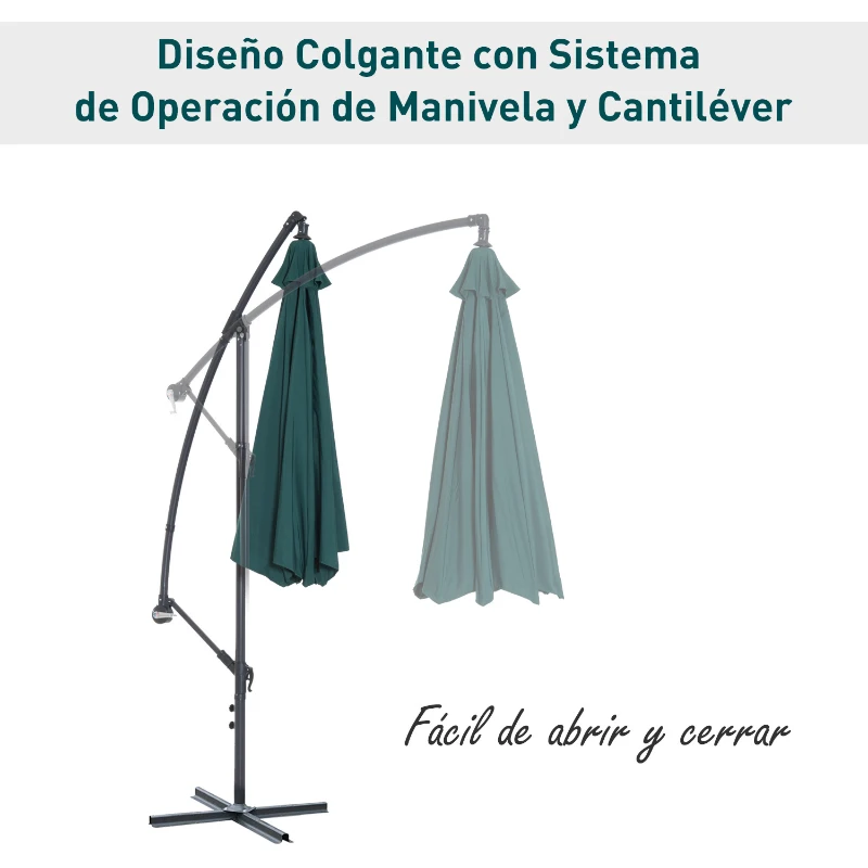Outsunny Sombrilla de Jardín Ø300x250 cm Parasol Excéntrico Reclinable con Manivela Base Cruzada Tejido Verde Oscuro