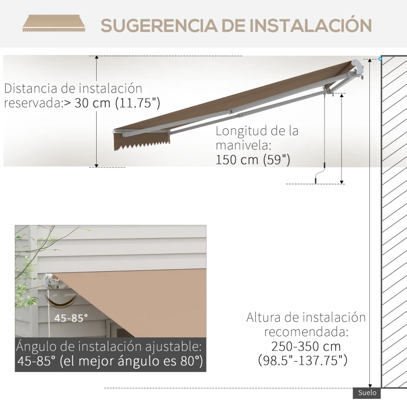 Outsunny Toldo para Balcón 350x250 cm con Manivela de Metal Impermeable y Anti-UV para Jardín Terraza Ventanas Marrón