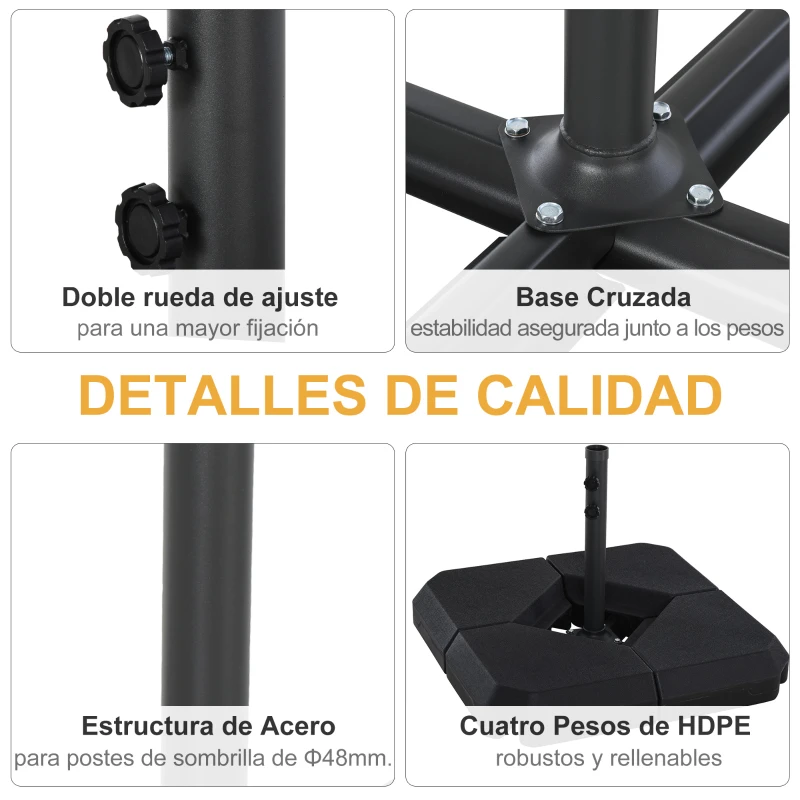 Outsunny Base para Sombrilla de Ø48 mm con 4 Pesos Rellenables de Agua o Arena de 60L Soporte de Sombrilla en Forma de Cruz con Tubo de Acero 80x80x56 cm Negro