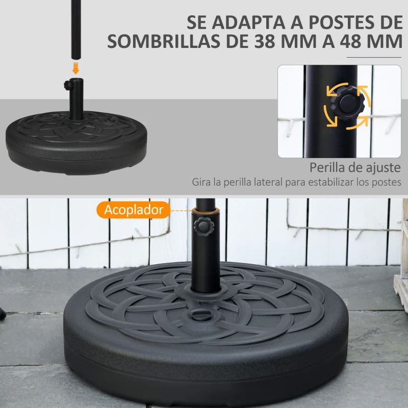 Outsunny Base de Sombrilla de PE Redonda para Postes de 38mm/48mm Rellenable de Arena 35 kg y Agua 25L Ø56x30,5 cm Negro