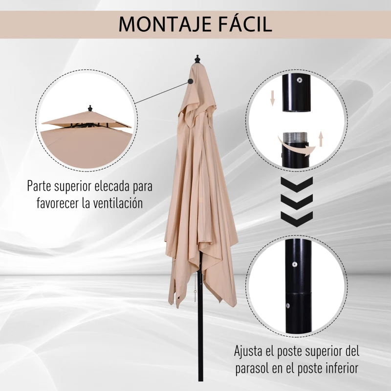Outsunny Parasol de Jardín de Metal 3x3x3 m con Doble Techo Impermeable y Manivela para Terraza Balcón Exterior Beige
