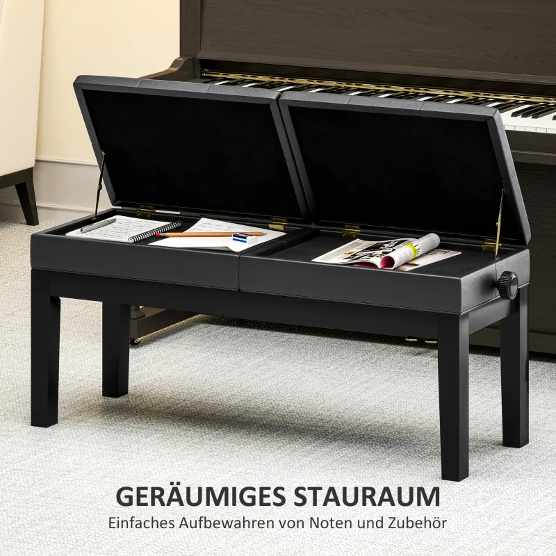 HOMCOM Pianobank, Verstelbare Dubbele Zitplaats, Opbergruimte, Kunstleer, Zwart(m-5)
