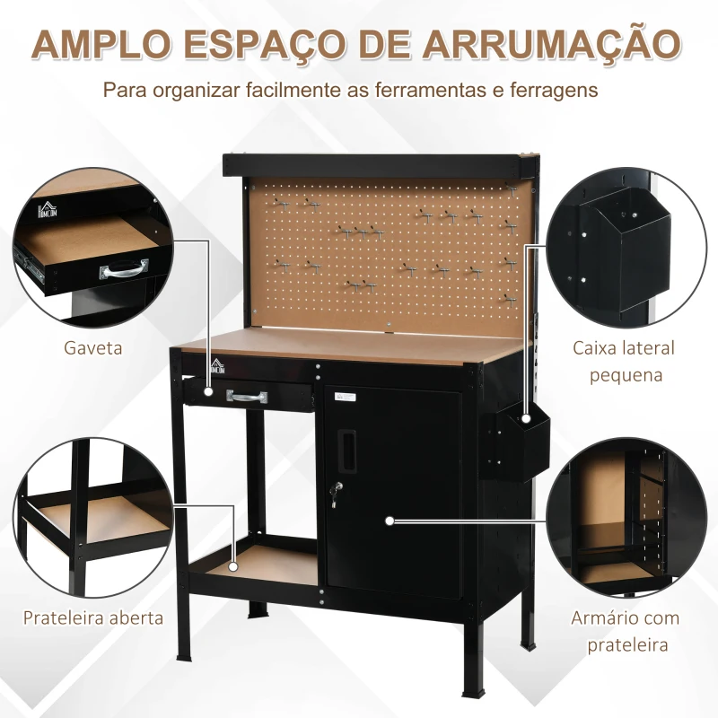 HOMCOM Bancada de Trabalho 98,5x48x140 cm Mesa de Trabalho com Painel Perfurado Gaveta Prateleira e Armário com Fechadura Preto