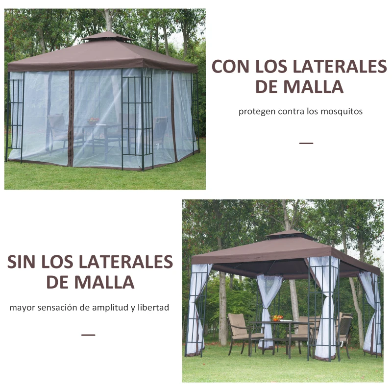 Outsunny Cenador de Jardín 3x3 m Pabellón para Exterior con Doble Techo de Ventilación 4 Mosquiteras Extraíbles y Marco de Acero Protección Solar Gazebo para Fiestas Eventos Café