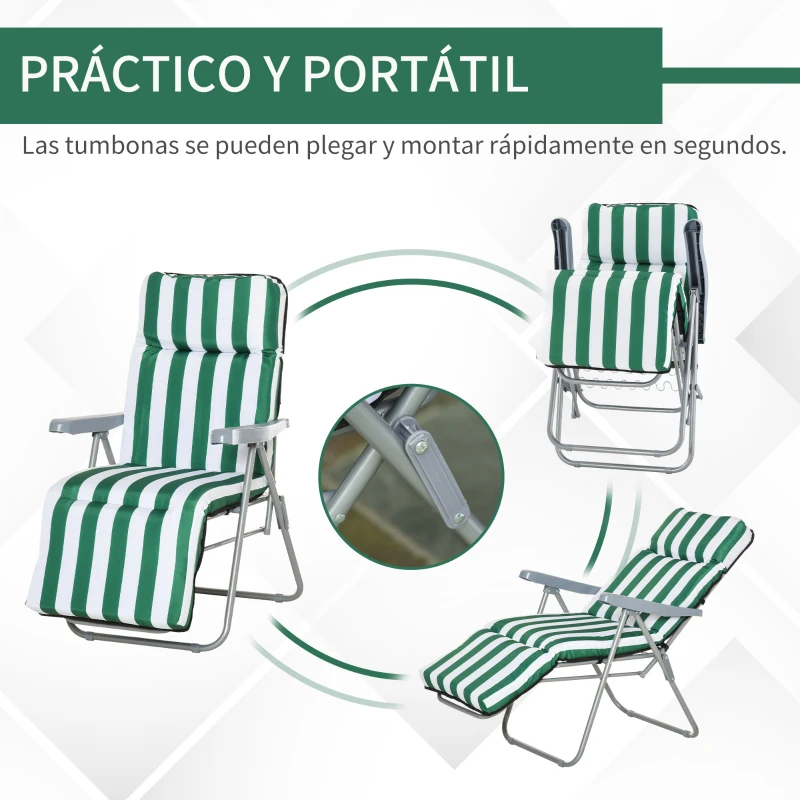 Outsunny 2 Tumbonas de Jardín de Acero con Cojín Acolchado Respaldo Ajustable y Reposapiés 60x75x66-102 cm Rayas Verde