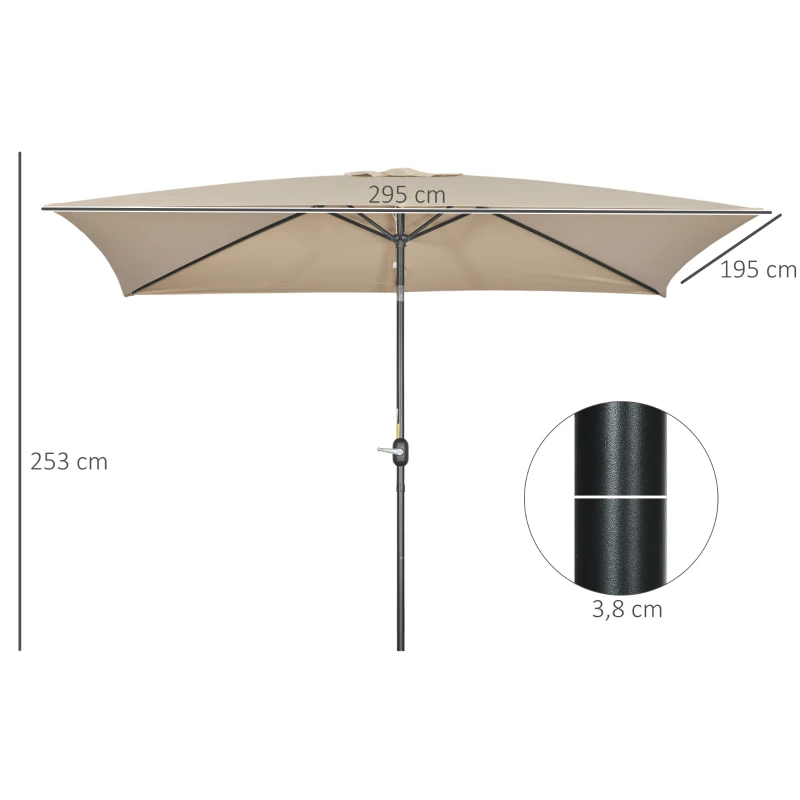Outsunny Sombrilla de Aluminio 200x300x253 cm Parasol Rectangular de Jardín Inclinable con Manivela y Poste Desmontable Caqui