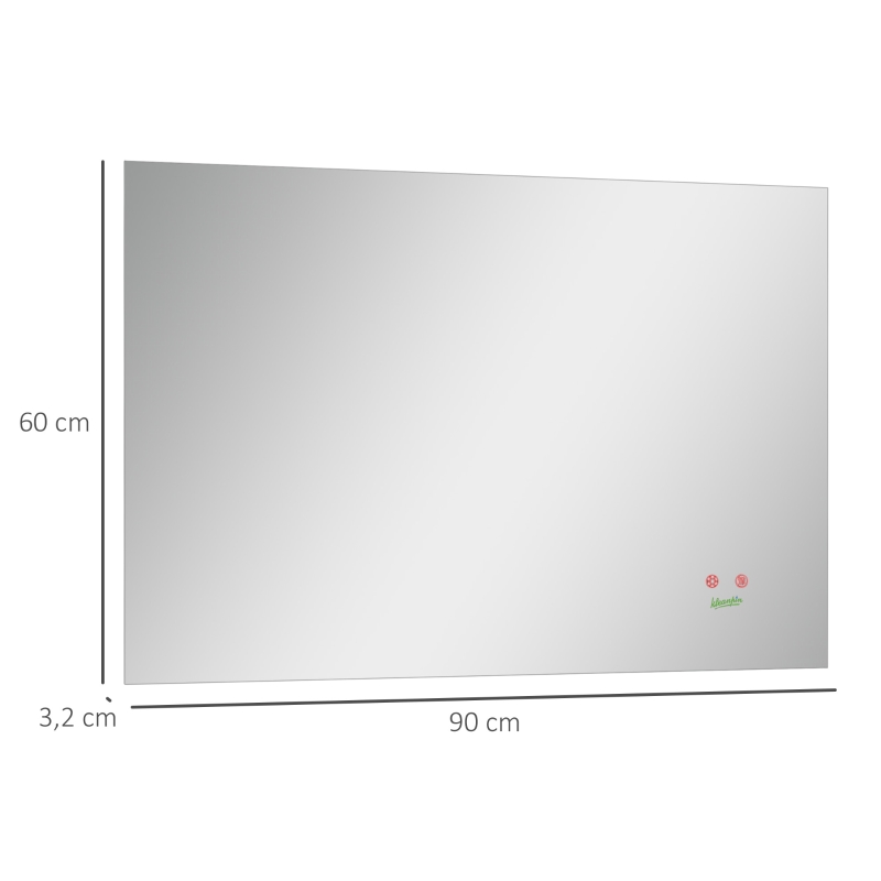 kleankin Espelho de Casa de Banho com Luz LED Anti-Embaciamento Interruptor Tátil 3 Luzes Ajustáveis e Função de Memória 90x60cm Prata