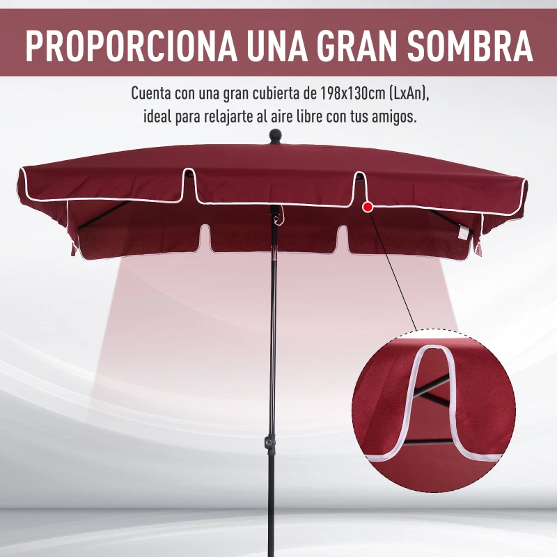 Outsunny Sombrilla de Terraza de Aluminio 198x130x245 cm Parasol de Jardín Rectangular con Función de Inclinación Rojo Vino
