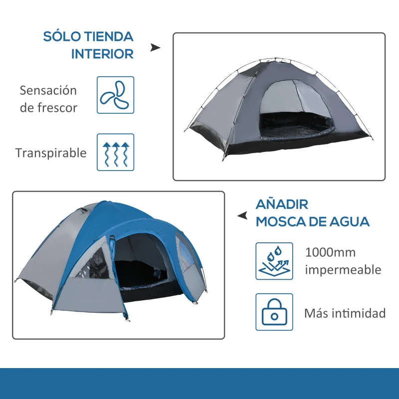 Outsunny Tienda de Campaña para 3-4 Personas con Ventanas 2 Bolsillos y Bolsa de Transporte 250x300x130 cm Gris y Azul