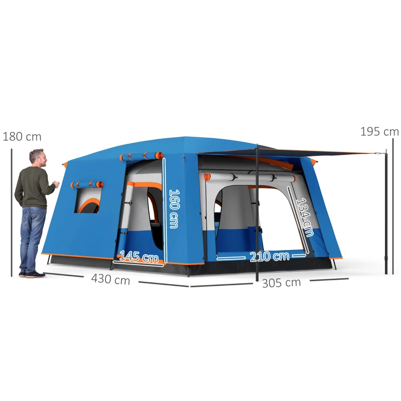 Outsunny Tenda de Campismo Familiar para 4-6 Pessoas com 2 Quartos Alpendre Impermeável 3000 mm Anti-UV 430x305x195 cm Azul