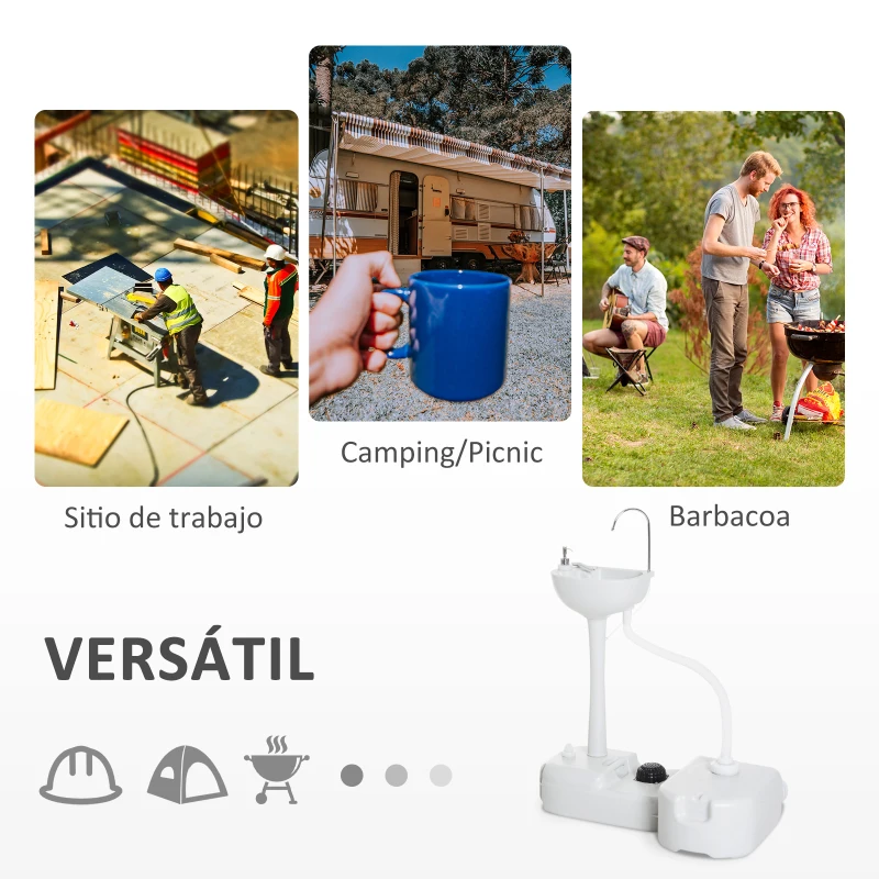 Outsunny Fregadero Portátil Lavamanos para Actividades al Aire Libre o Camping con Tanques de Recuperación de Agua 17 L Dispensador de Jabón Y 2 Ruedas HDPE 83x50x103 cm Gris Claro
