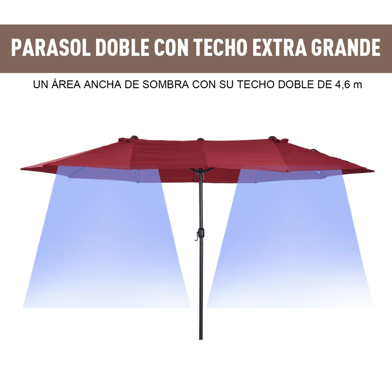 Outsunny Sombrilla Doble para Jardín 455x265x238 cm Parasol Grande con Manivela Manual Protección Solar Color Rojo Vino