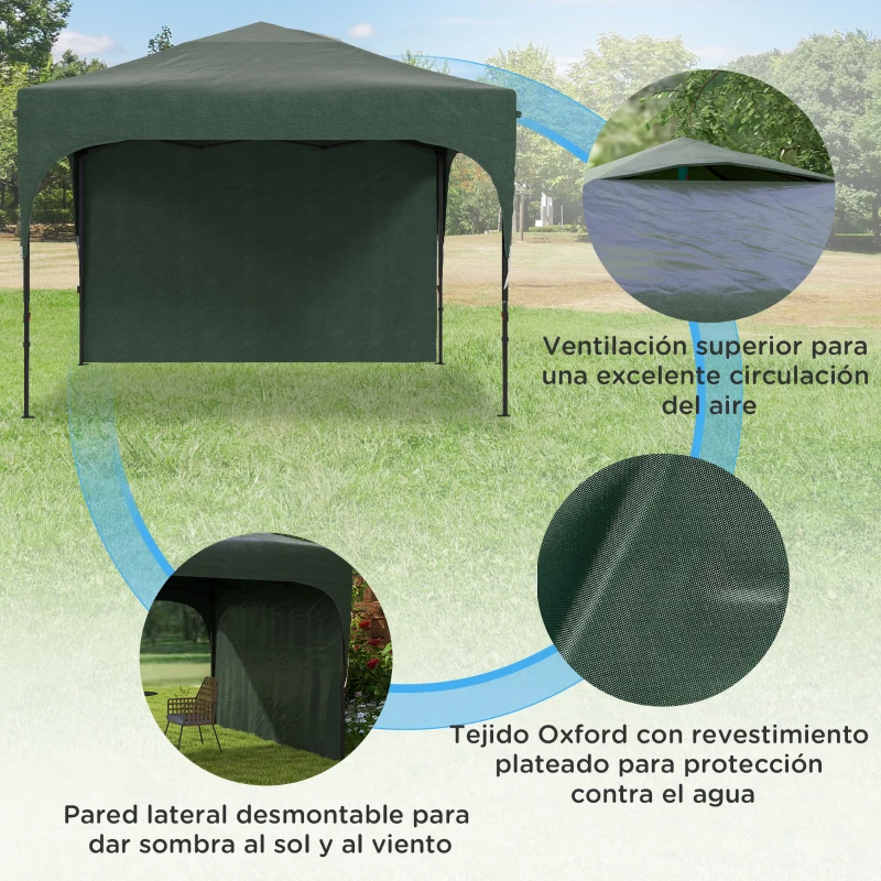Outsunny Cenador de Jardín 3x3 m con Altura Ajustable 1 Pared Lateral Impermeable 4 Bolsas de Arena y Bolsa de Transporte Verde