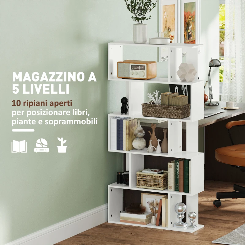 HOMCOM Libreria Asimmetrica a S a 5 Livelli con 10 Ripiani Aperti, in Legno, 80x24x159 cm, Bianco