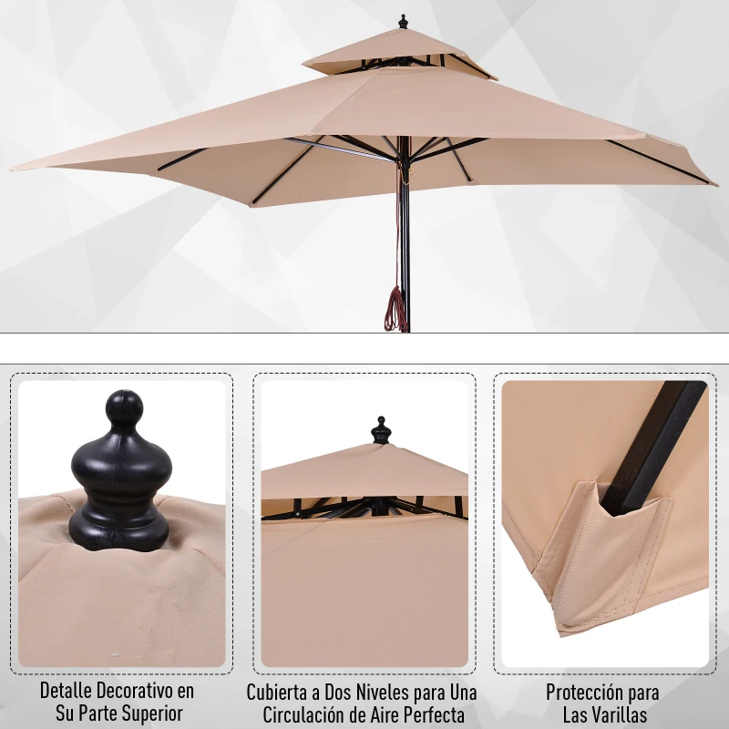 Outsunny Parasol de Jardín de Metal 3x3x3 m con Doble Techo Impermeable y Manivela para Terraza Balcón Exterior Beige
